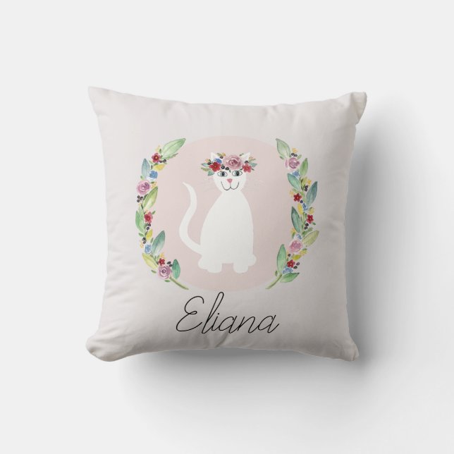Coussin Filles mignonnes chats blancs avec fleurs et nom (Recto)