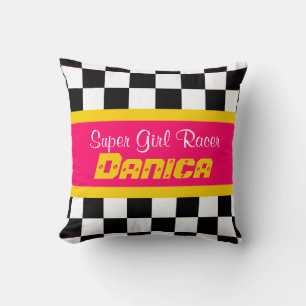 Coussin Filles racer jaune rose à damiers nom du drapeau c