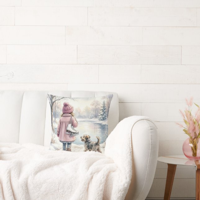 Coussin Fillette à l'aquarelle avec patins à glace et chie (Canapé)