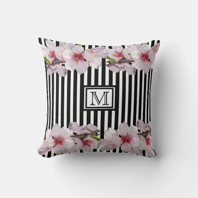 Coussin Fils de cerisier rose en bandes noires monogramme  (Recto)