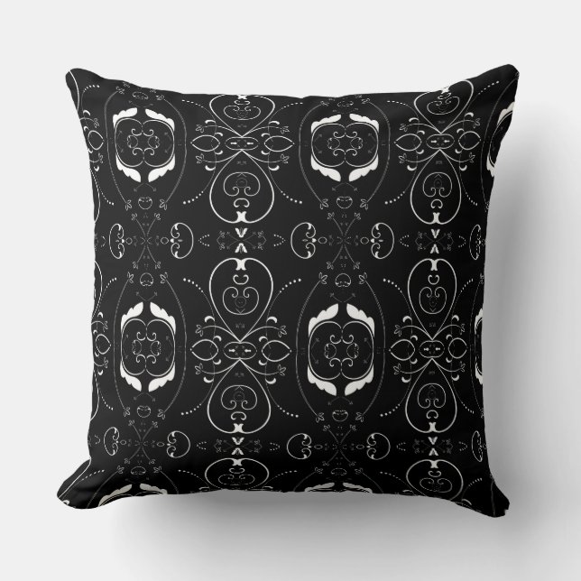 Coussin Fines flourishes blanches élégantes sur fond noir (Recto)