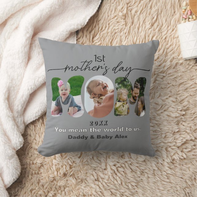 Coussin First Mother's Day 3 Photos Collage Mom cut out (Couverture)