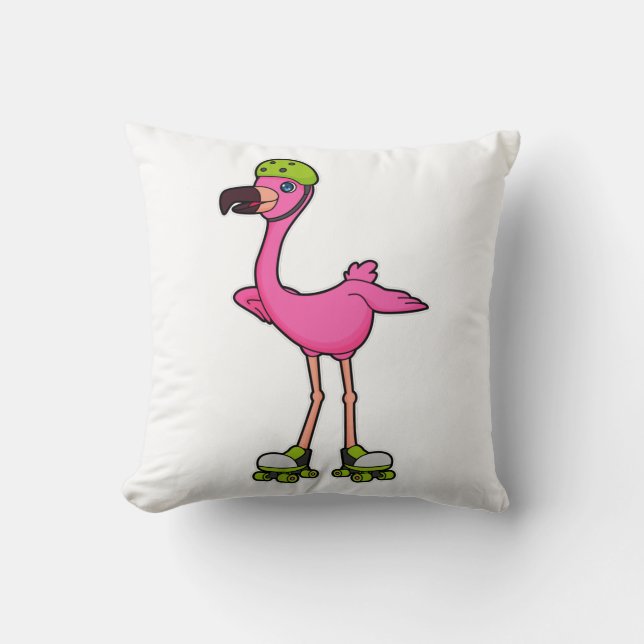 Coussin Flamant en patineur avec des rollers et un casque (Recto)