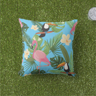 Coussin Flamant rose à feuilles florales tropicales Toucan