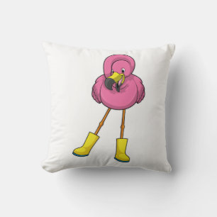 Coussin Flamant rose à la pluie avec bottes en caoutchouc