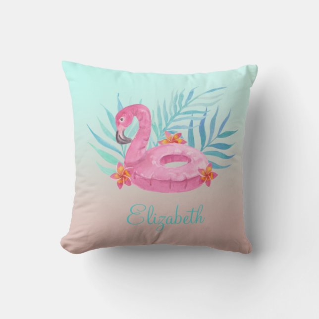 Coussin Flamant Rose Adorable Feuilles de Palmier  (Recto)