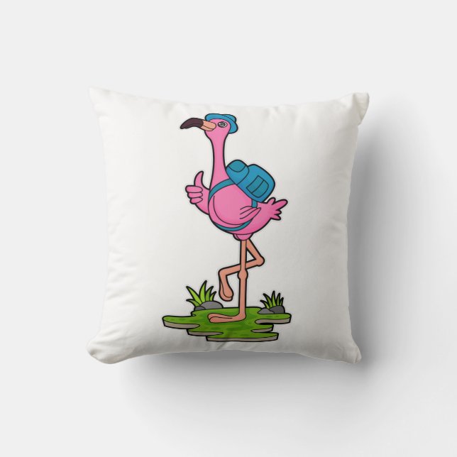 Coussin Flamant rose comme randonneur avec sac à dos (Recto)