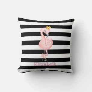 Coussin Flamant Rose,Couronne Noire, Rayures Blanches