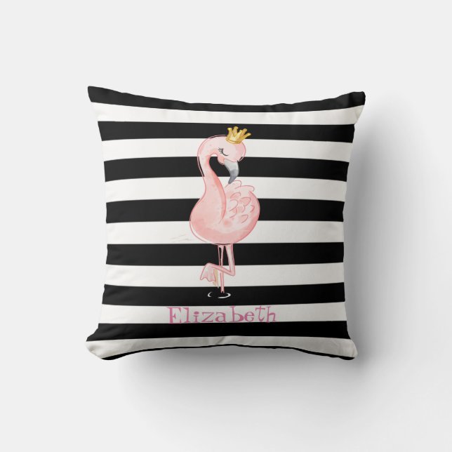Coussin Flamant Rose,Couronne Noire, Rayures Blanches (Recto)
