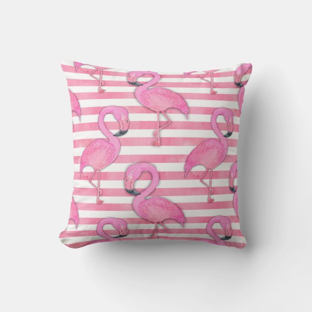 Coussin Flamant rose d'aquarelle sur les rayures roses (Recto)