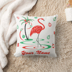 Coussin Flamant rose de Noël rouge Baubles Nom carré