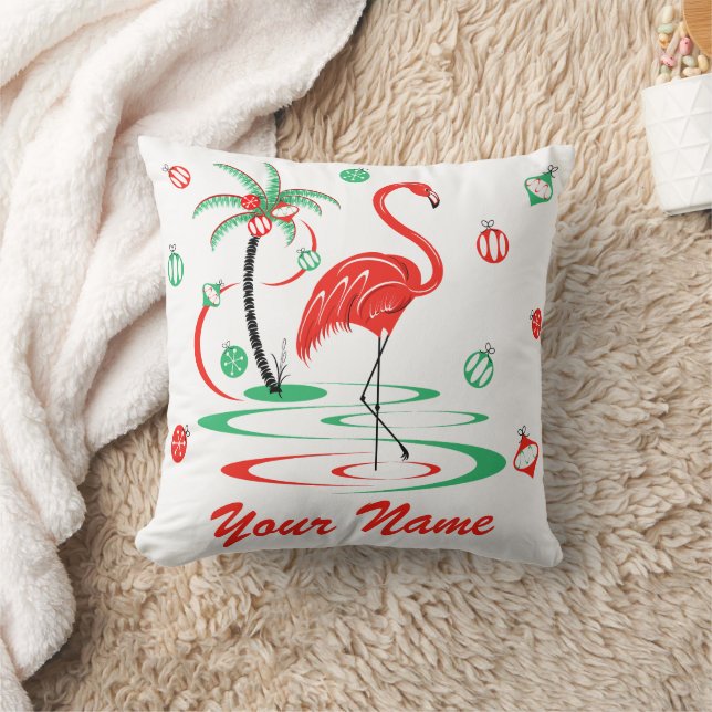Coussin Flamant rose de Noël rouge Baubles Nom carré (Couverture)
