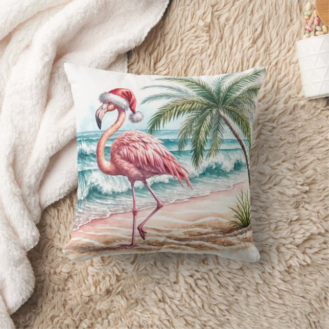 Coussin Flamant rose de Noël sur une plage (Couverture)