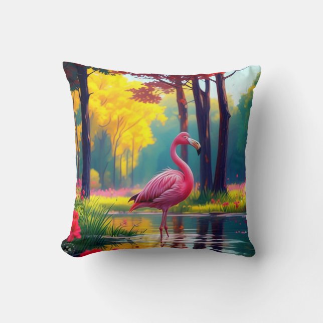 Coussin Flamant rose debout dans le lac-365476 (Recto)