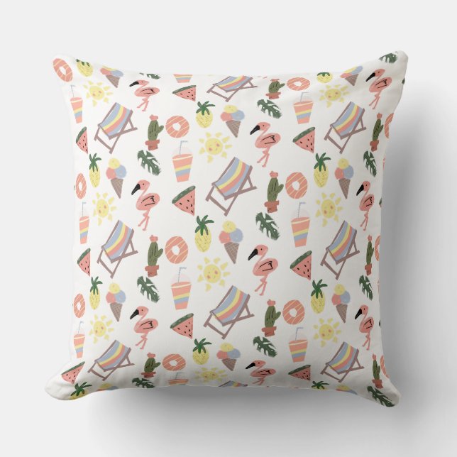 Coussin Flamant Rose Dessins à la Main pour l'Été (Recto)