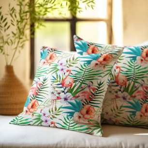 Coussin Flamant rose du Paradis tropical Fleurs Feuilles