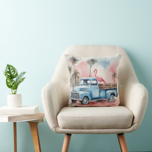 Coussin Flamant rose En Camion Bleu Rétro (Chaise)