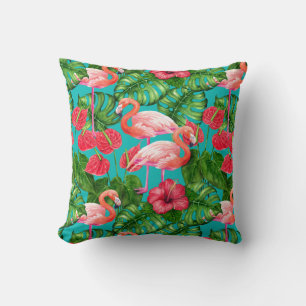 Coussin Flamant rose et aquarelle du jardin tropical