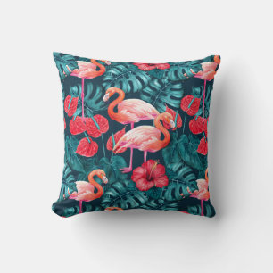 Coussin Flamant rose et aquarelle du jardin tropical