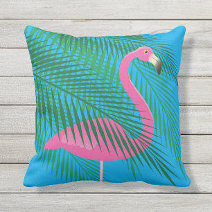 Coussin Flamant rose et palmettes tropicaux sur le bleu -