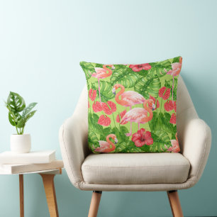 Coussin Flamant rose et plantes tropicaux