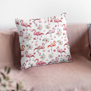 Coussin Flamant Rose Floral Aquarelle 