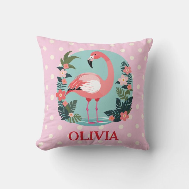 Coussin Flamant Rose Floral Mignon avec des Points Polka (Recto)