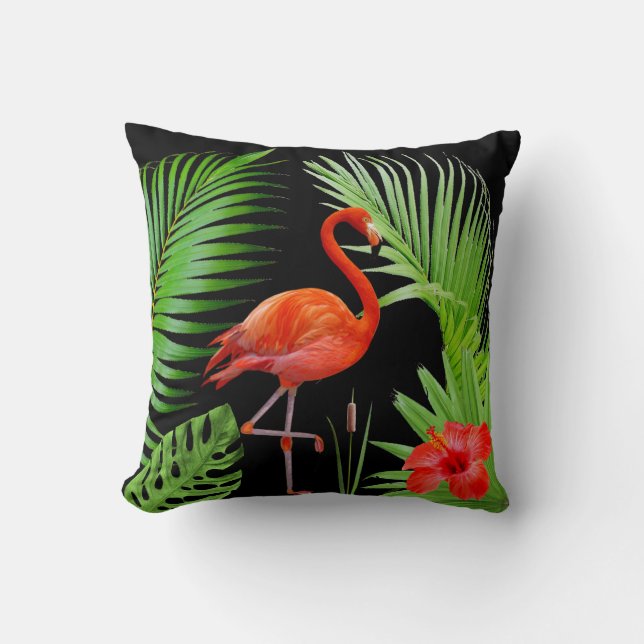 Coussin Flamant rose, hibiscus et feuilles de palmier sur  (Recto)