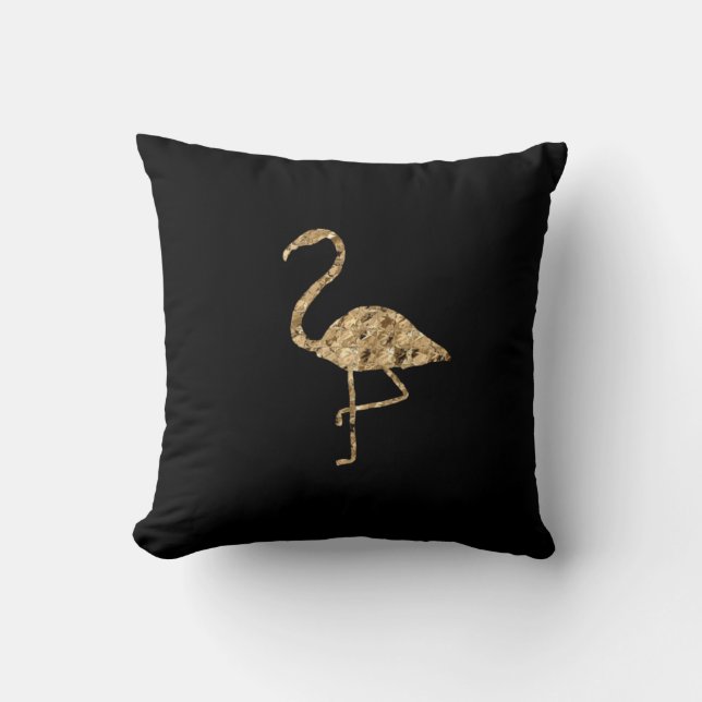 Coussin Flamant rose métal d'or sur noir (Recto)