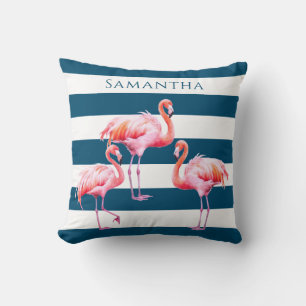 Coussin Flamant rose moderne bleu blanc rayé rose Nom pers
