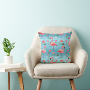 Coussin Flamant rose Motif d'eau bleu
