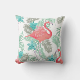 Coussin Flamant rose, orchidée : motif vintage romantique.