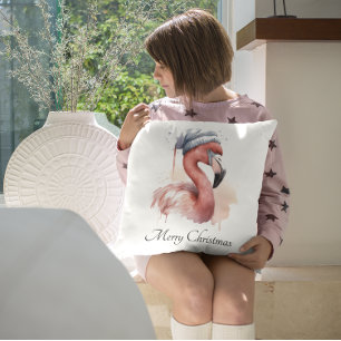 Coussin Flamant rose père Noël Snowbird, personnalisé