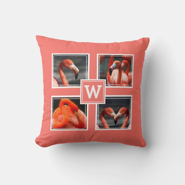Coussin FLAMANT ROSE Photo Collage Monogramme Corail (Recto)