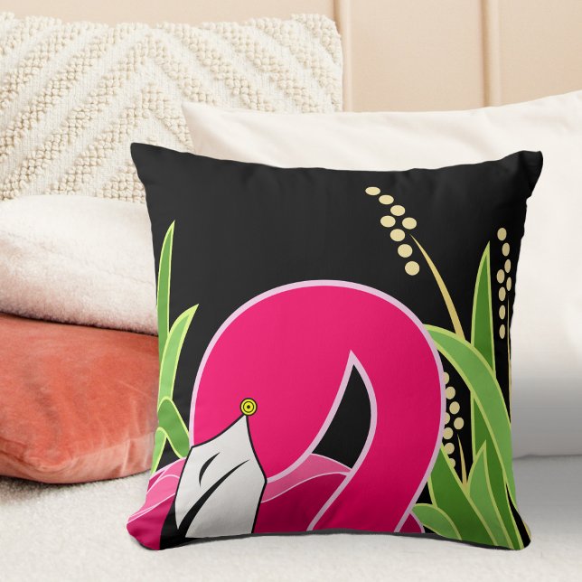 Coussin Flamant rose rose abstrait sur noir (Créateur téléchargé)