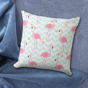 Coussin Flamant rose rose Bleu Chevron Motif en bande