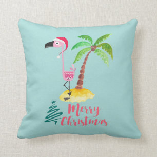 Coussin Flamant rose Rose Dans Un Chapeau De Père Noël Par
