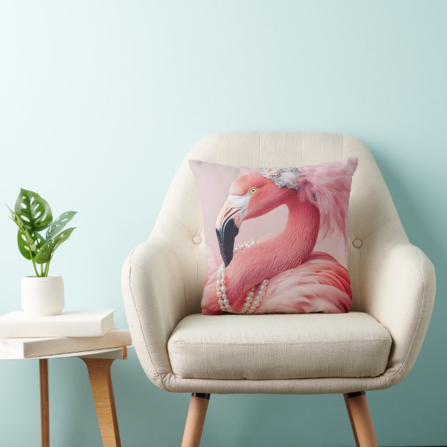 Coussin Flamant rose rose élégant avec perles et plumes (Chaise)