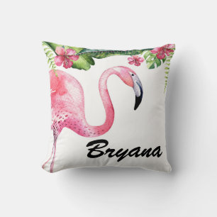 Coussin Flamant rose rose et Hibiscus Tropical Floral été