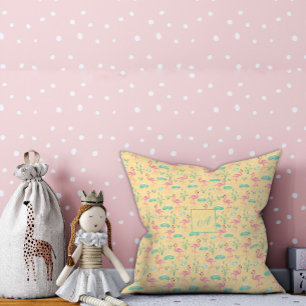 Coussin Flamant rose rose mignon jaune motif initial