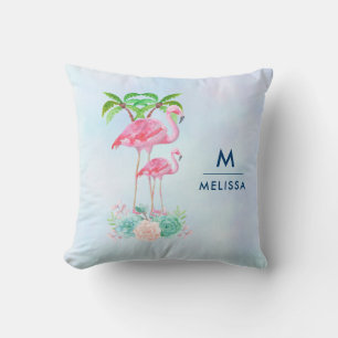 Coussin Flamant rose rose Momma & bébé avec palmiers