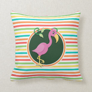 Coussin Flamant rose rose sur rayures arc-en-ciel lumineus