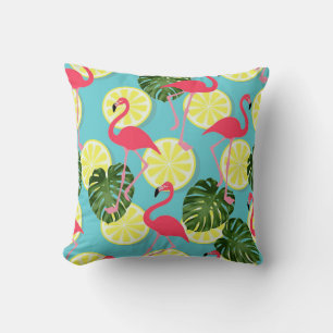 Coussin Flamant rose rose tranche citron feuille tropicale