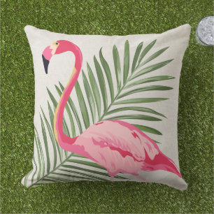 Coussin Flamant rose rose tropical et Feuilles de palmiers
