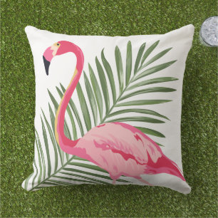 Coussin Flamant rose rose tropical et Feuilles de palmiers