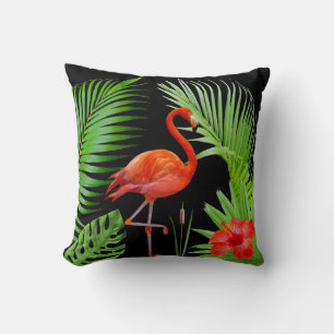 Coussin Flamant rose rouge, Hibiscus et Feuilles de palme
