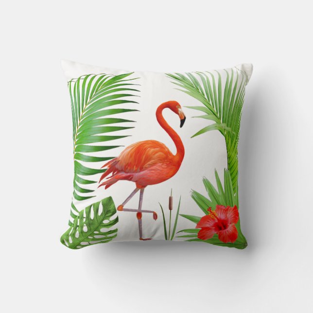 Coussin Flamant rose rouge, Hibiscus & Palm Tropical Feuil (Recto)