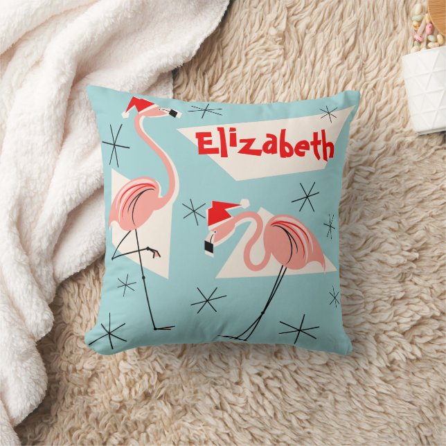 Coussin Flamant rose Santas carré de nom bleu (Couverture)