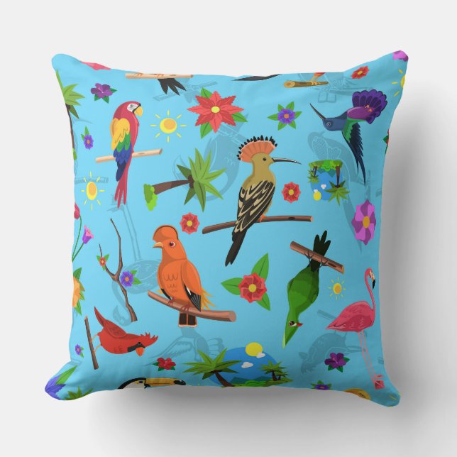 Coussin Flamant rose Toucan Et Arara Motif Oiseaux Sans Me (Recto)