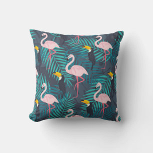 Coussin Flamant rose, toucan : motif de feuilles tropicale